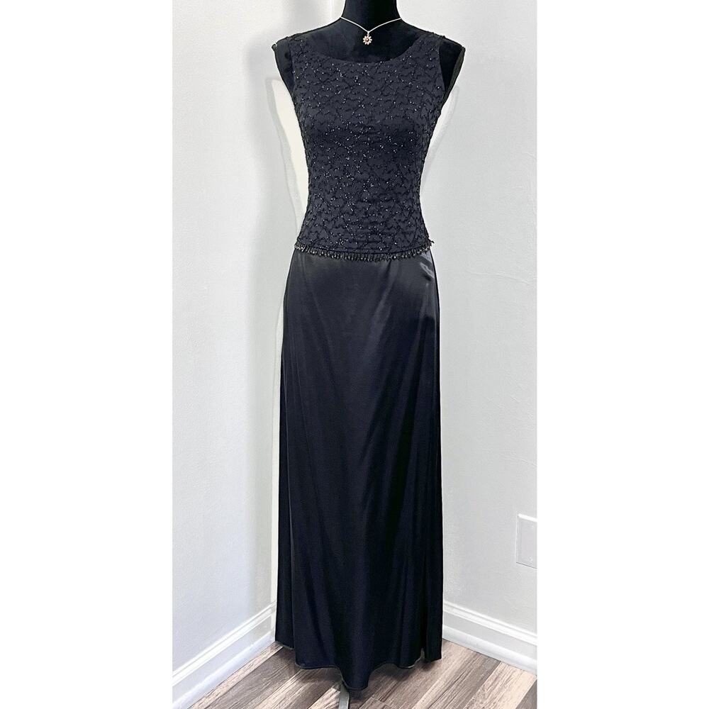 VTG Prom Dress‎ Maxi Y2K 90s Beaded 2 Pc Black Gothic Grunge Goth Romantic Satin